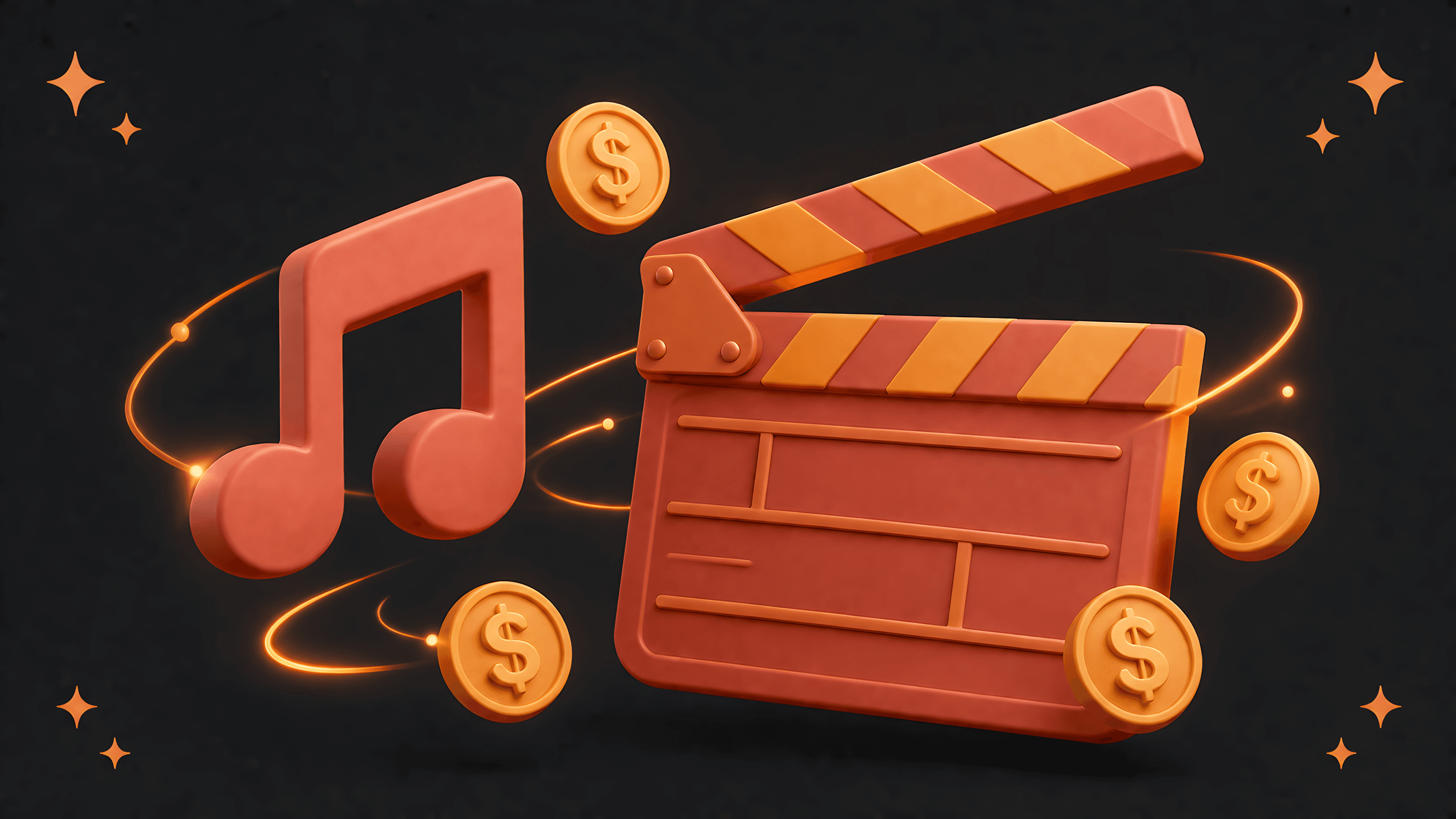 3D illustrated film clapperboard with music note icon and floating dollar coins on a dark charcoal background