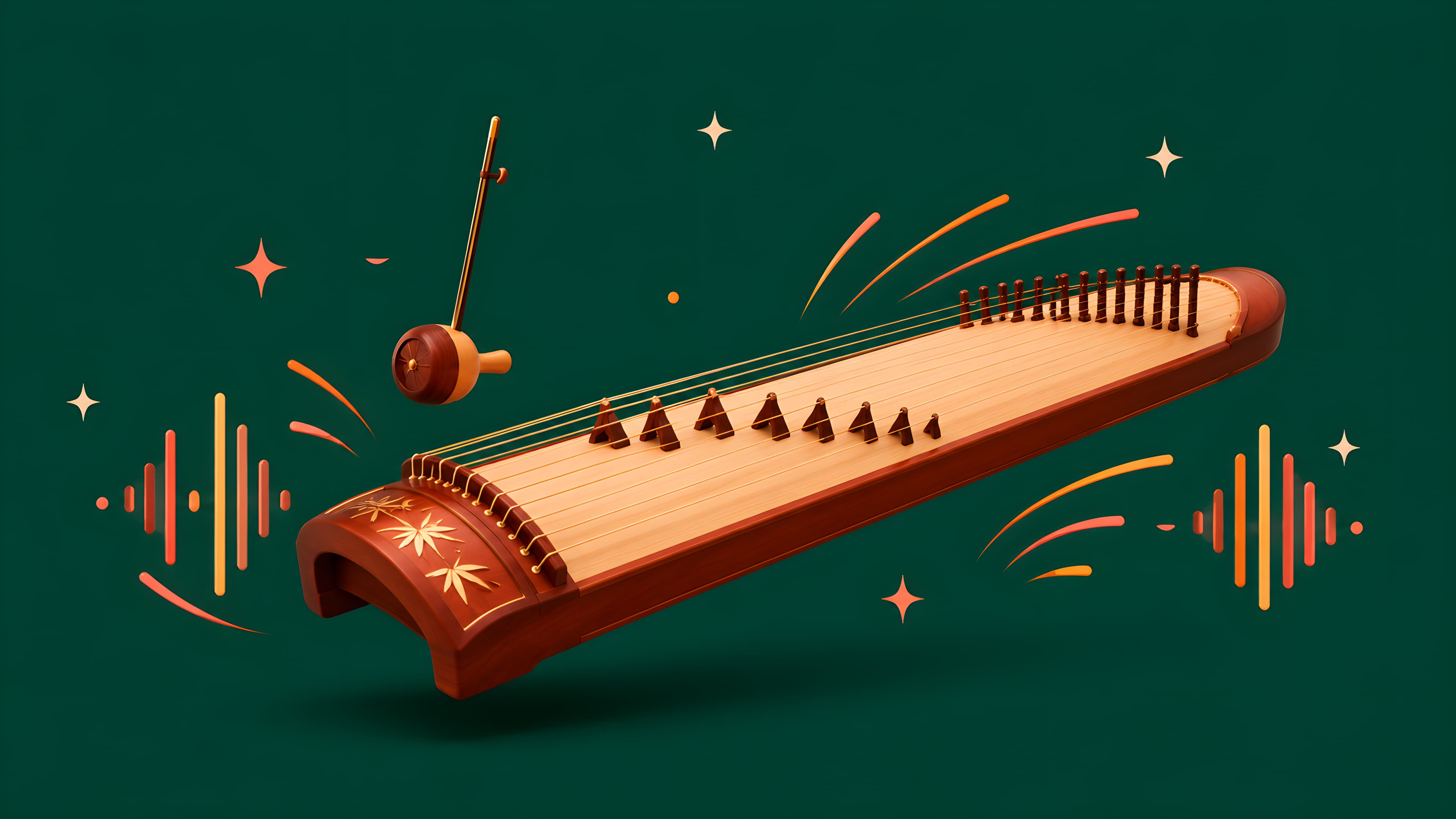 3D illustrated traditional Vietnamese string instrument with modern EDM waveforms radiating outward in coral and orange on a dark green background
