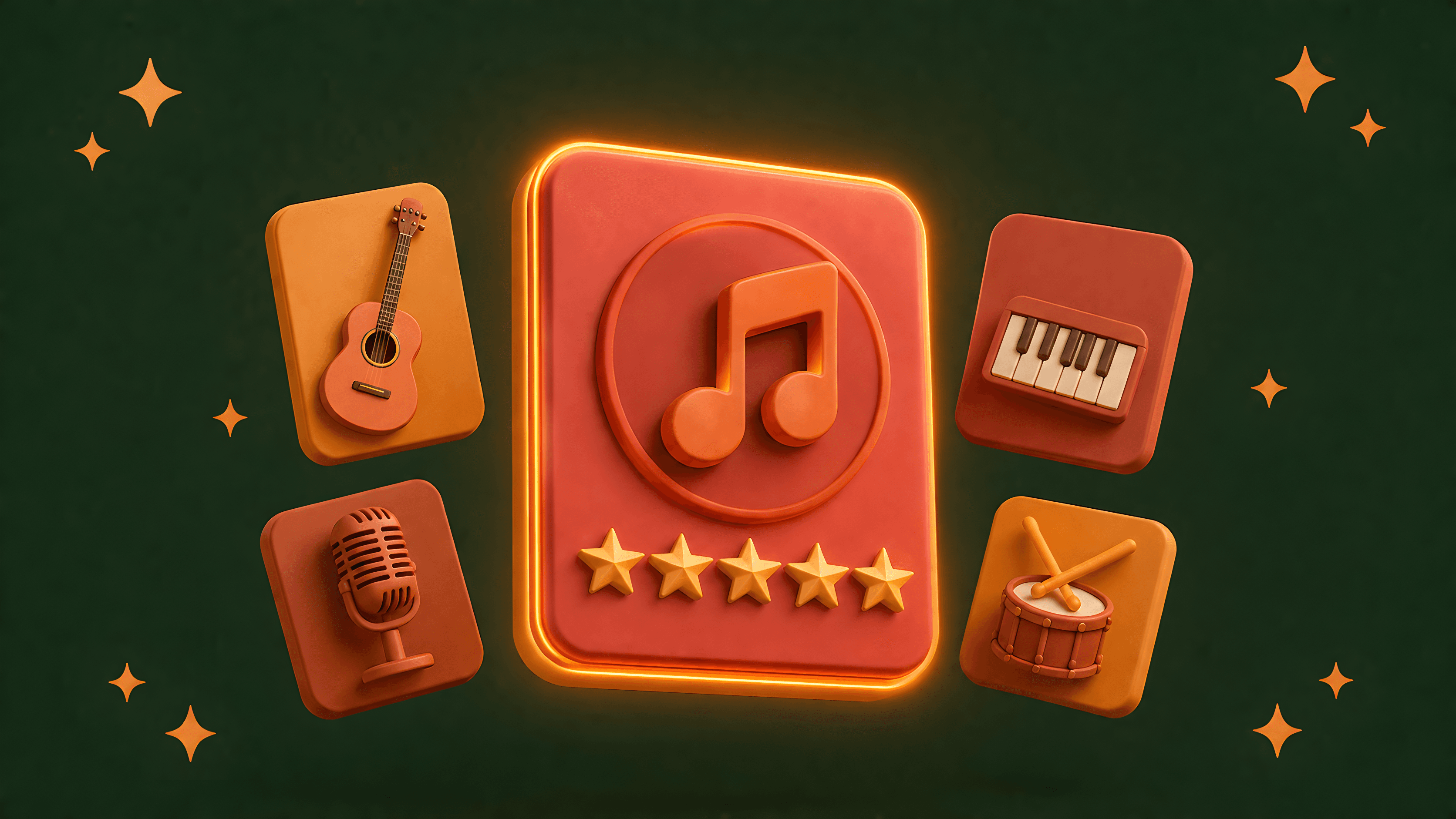 3D illustrated glowing profile card with music note icon and five gold stars floating on a dark green background surrounded by instrument icons