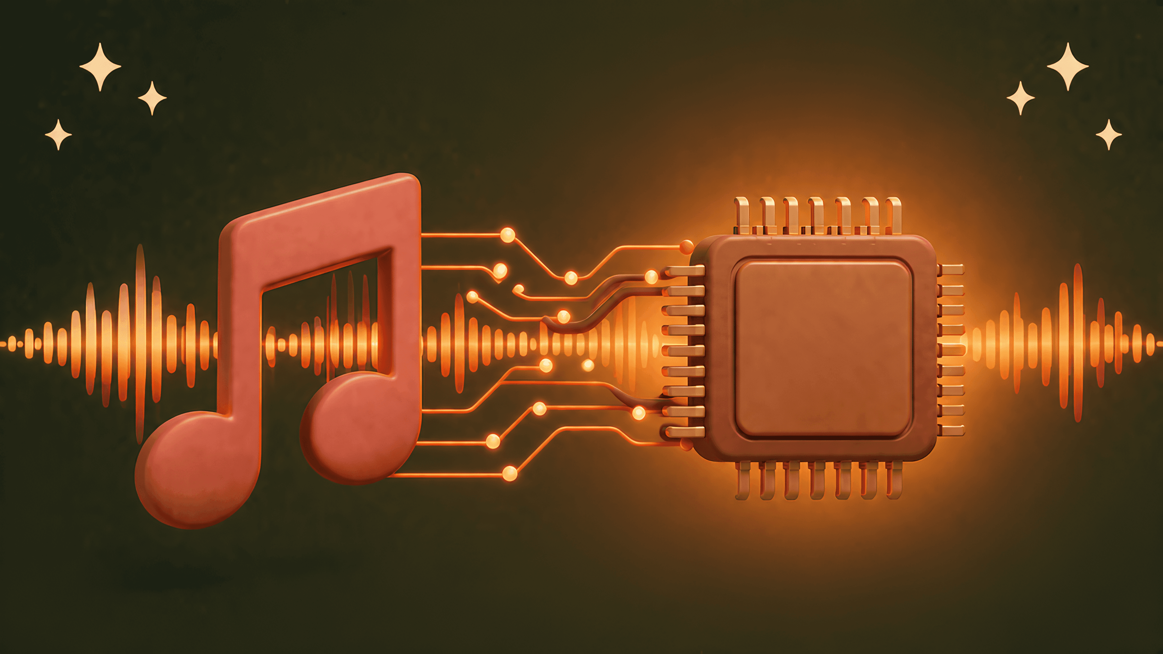 3D illustrated music note connected to a glowing AI chip by circuit lines with a sound wave between them on a dark green background