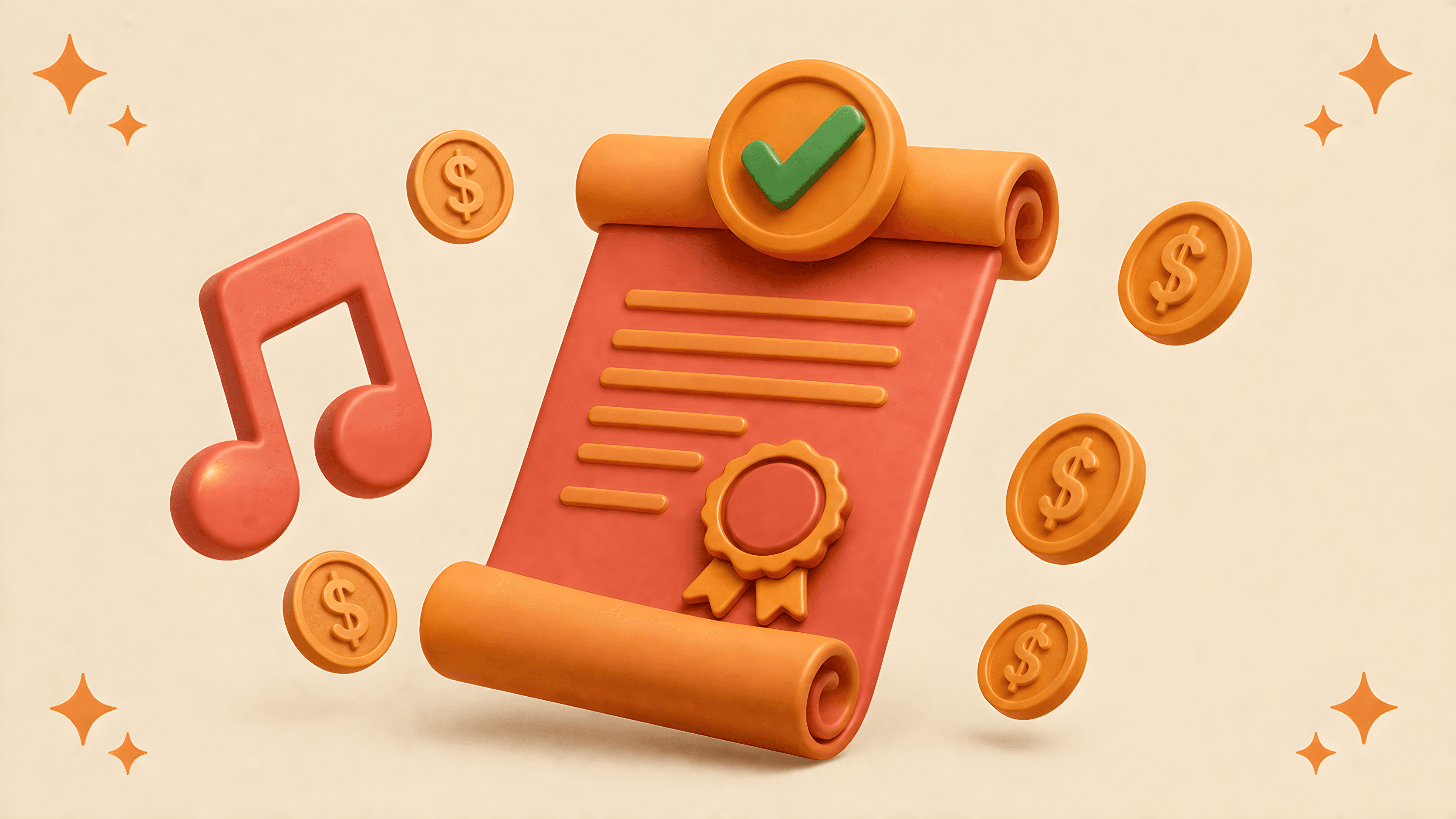 3D illustrated legal document scroll with music note icon and checkmark floating beside it on a cream background